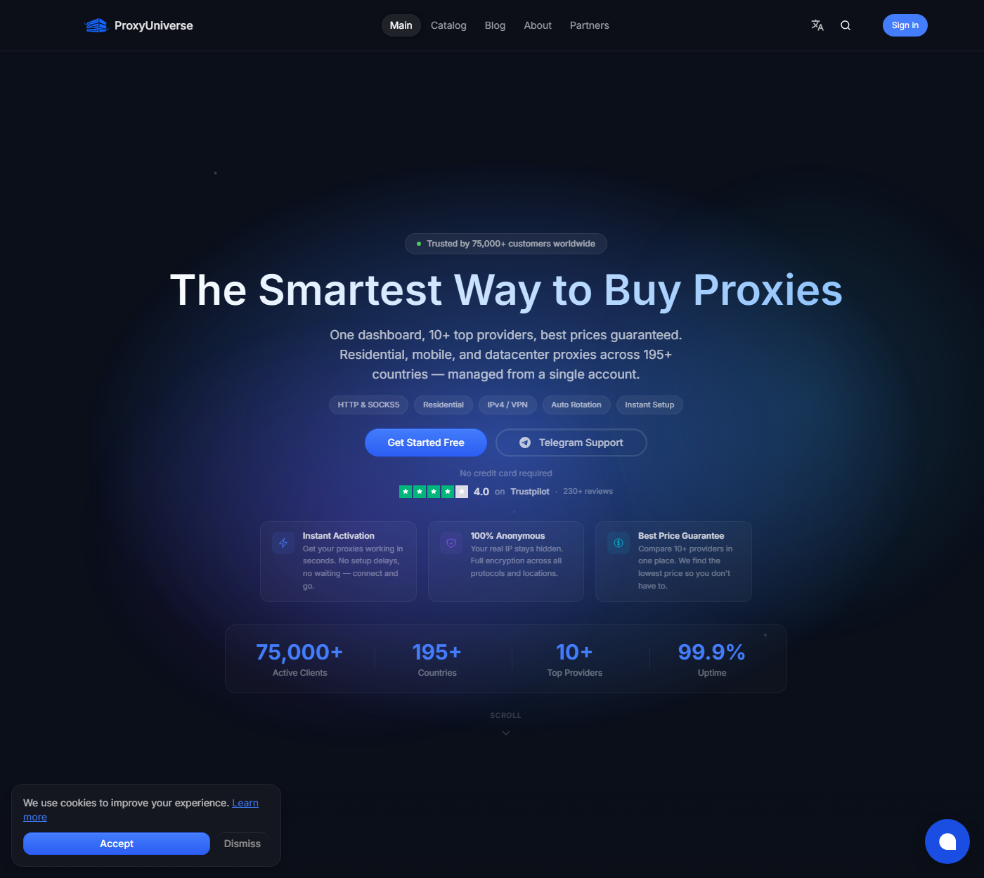 Homepage dashboard ProxyUniverse mengiklankan proxy residential, mobile, dan datacenter dari 10+ provider dalam satu panel