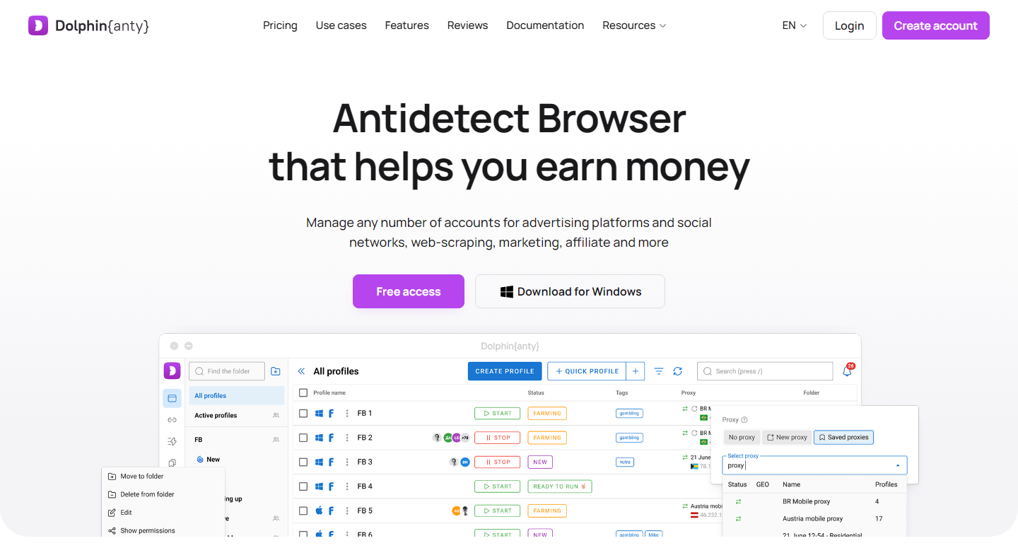 Dolphin Anty official website showing its profile interface and proxy controls