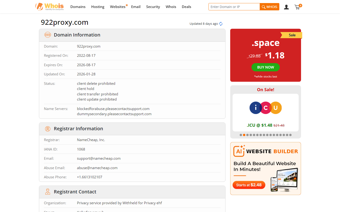 WHOIS record for 922proxy.com showing clientHold and abuse-block nameservers