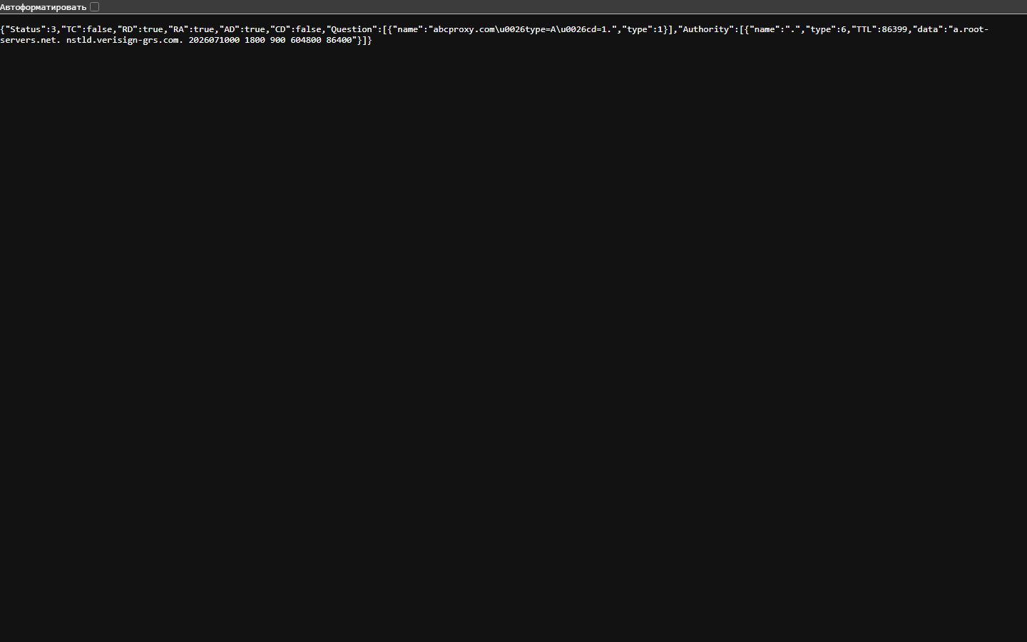 Google Public DNS response for abcproxy.com captured during the service outage