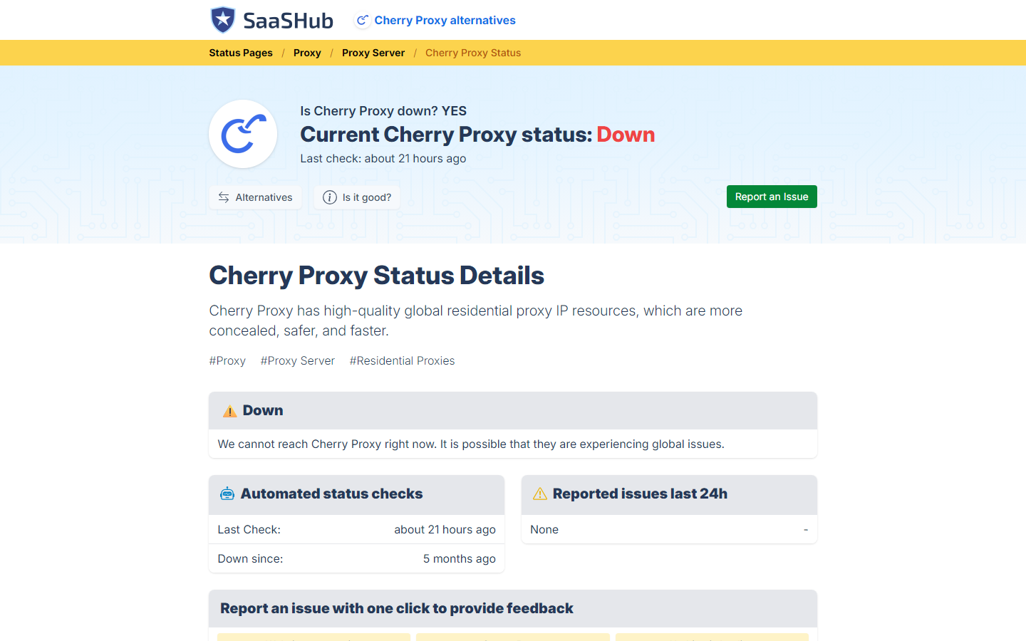 Third-party Cherry Proxy availability monitor reporting the service down