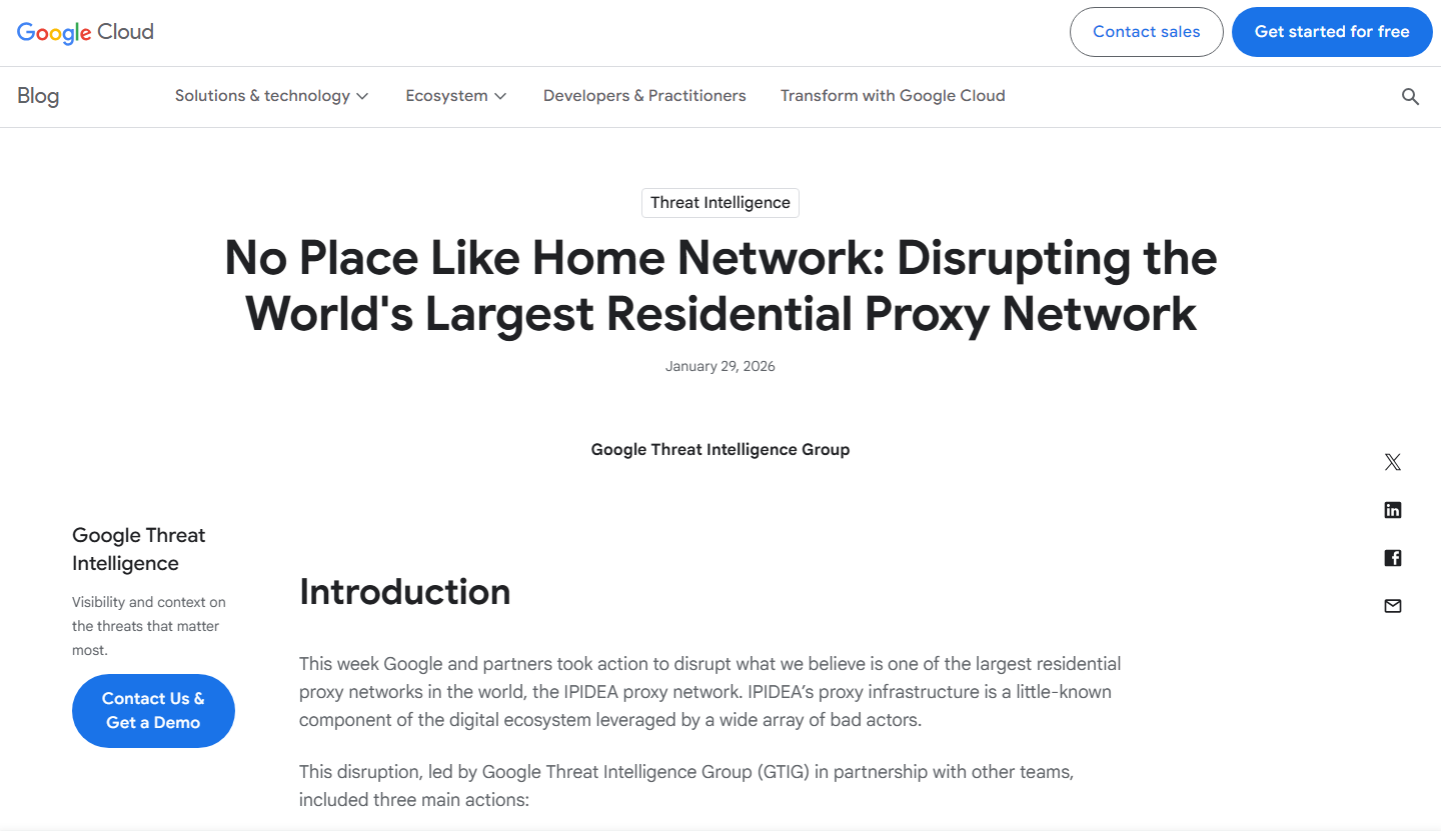 Google Threat Intelligence report announcing the IPIDEA disruption